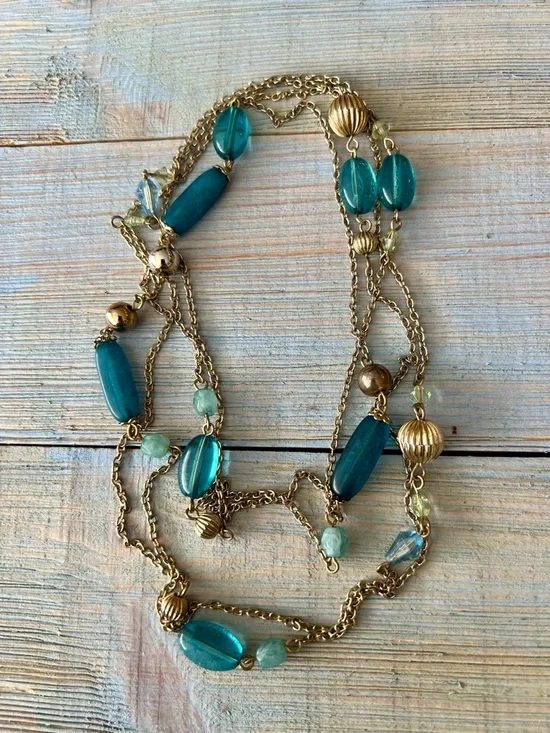 2pc Necklace Set Teal Beaded Long, Multicolor Double Strand, Boho Festival - Picture 9 of 16